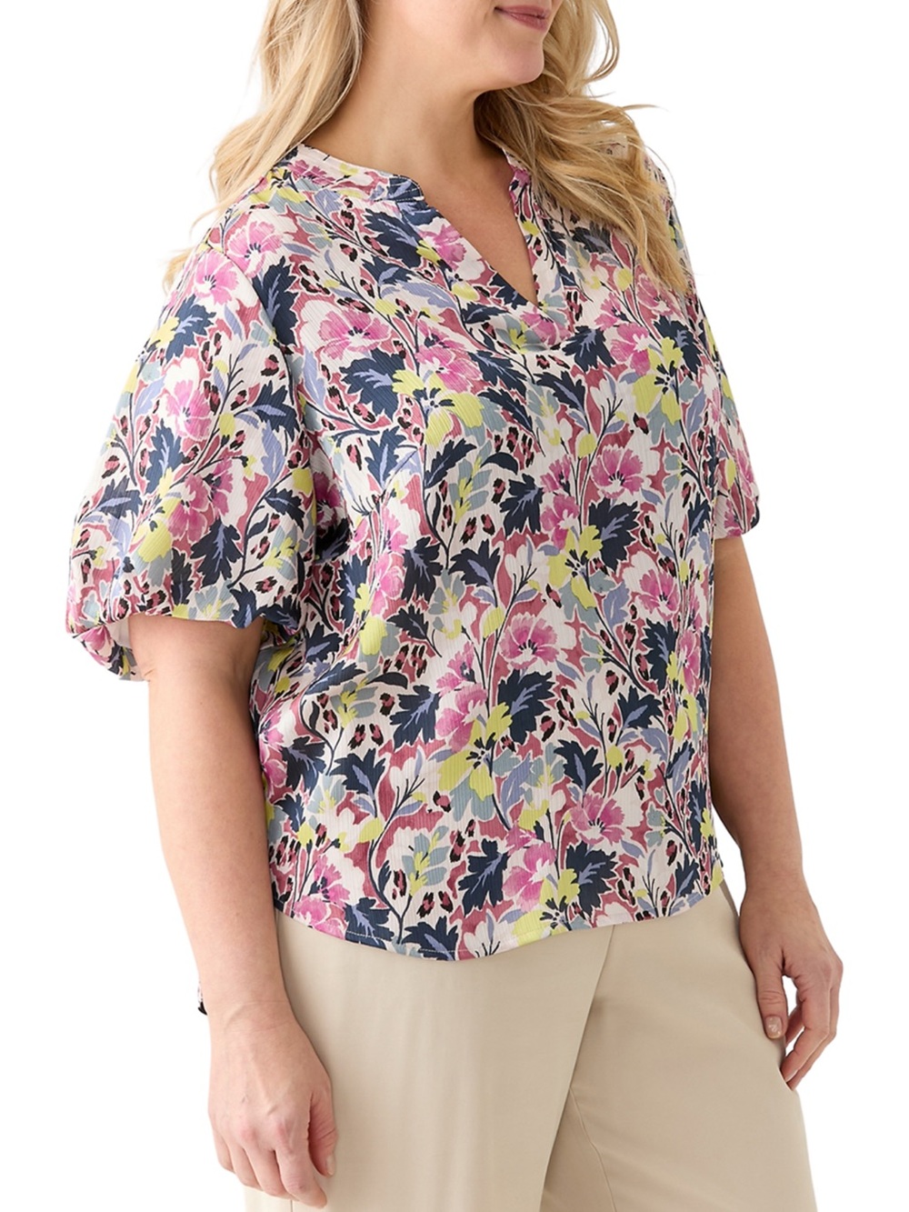 Floral Split-Neck Puff-Sleeve Blouse - Pink Multi